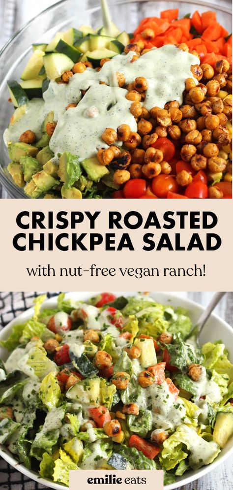 Roasted Salad With Chickpeas, Roasted Chickpea Mediterranean Salad, Vegan Ranch Salad, Roast Chickpea Salad, Vegan Chopped Salad, Crispy Roasted Chickpeas, Roasted Chickpea Salad, Chickpea Salad Vegan, Roasted Chickpea