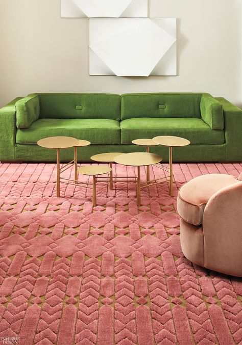 Wes Anderson Decor, Eclectic Carpet, India Mahdavi, Hotel Carpet, Green Couch, Carpet Trends, Geometric Carpet, Retro Interior, Beige Carpet