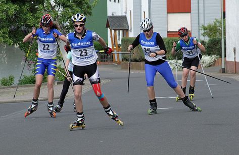 Roller skiing is how professional Norwegian cross-country skiers and keen amateurs keep fit in the summer months. Roller Skis, Norwegian People, Cross Country Skier, Nordic Skiing, Keep Fit, Wheels And Tires, Skis, Cross Country, Great Outdoors