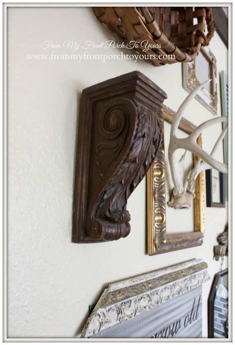 Corbel-Gallery Wall-From My Front Porch To Yours French Country Mirrors, Wall In The Living Room, Decorative Corbels, Wall Layout, Hgtv Shows, Wood Corbels, Magnolia Market, Market Shopping, Architectural Elements