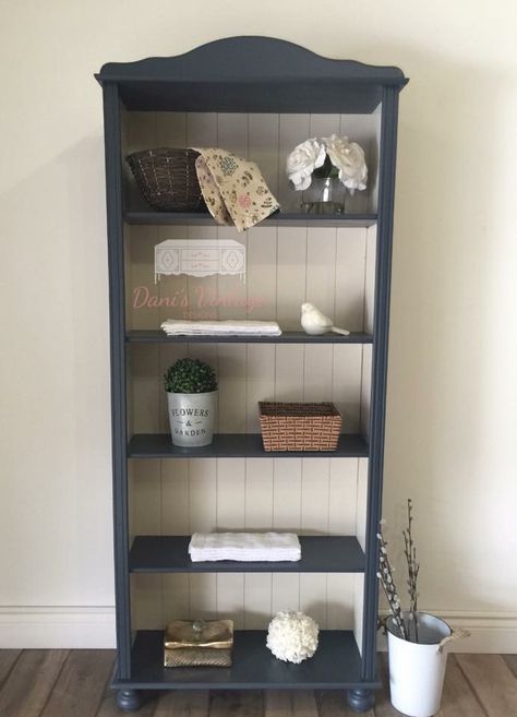 Navy Blue Bookshelf, Navy Bookshelf, Bookshelf Colors, Bedroom With Bookshelf, Refurbished Bookcase, Bookshelves Living Room, Grey Bookshelves, Blue Bookshelves, Blue Cupboards