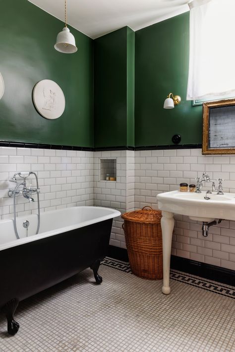 Edwardian Bathroom Ideas, Moody Bathroom, Paris House, Ceramic Pendant Light, Paint And Paper Library, Yellow Tile, Wooden Floorboards, Roll Top Bath, Paris Home