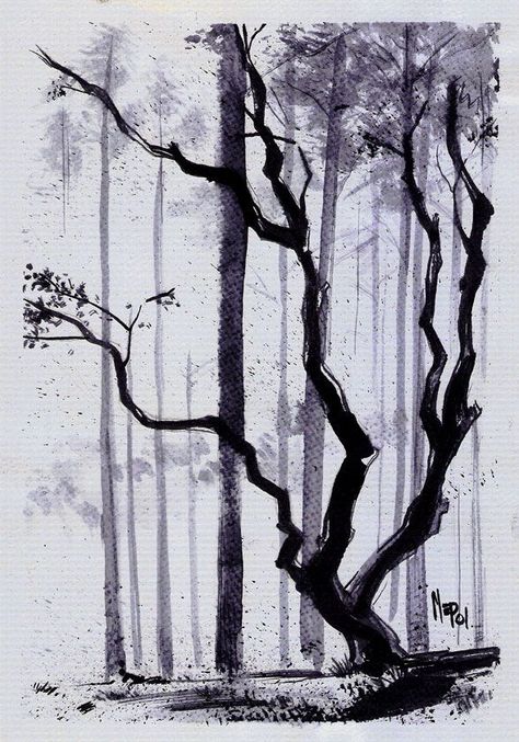 China Ink, Stippling Art, Creativity Art, Tinta China, Watercolor Trees, Learn Art, China Art, Art Ink, Chinese Painting