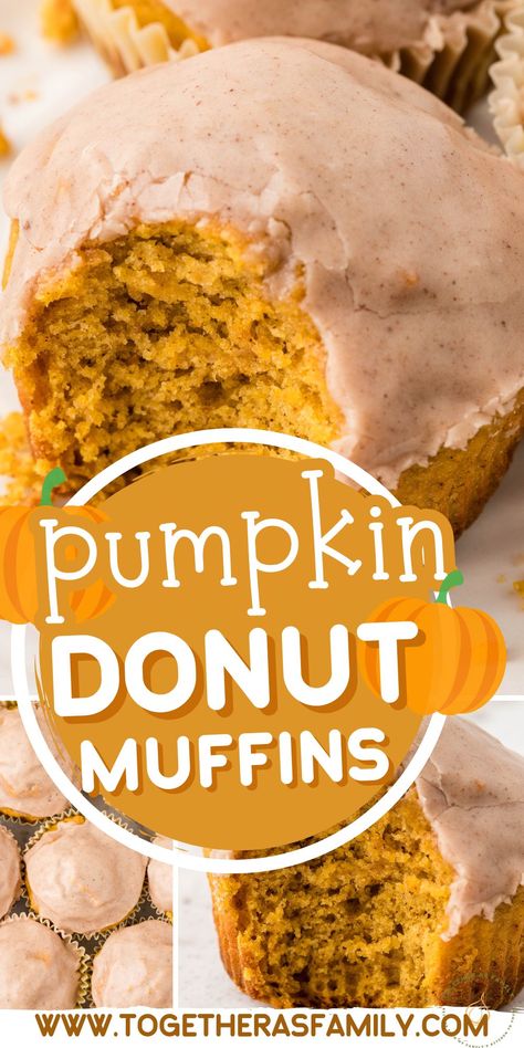 Pumpkin Donut Muffins bake up perfectly each time, are incredibly moist, full of warm pumpkin spices, and they taste just like your favorite glazed pumpkin donut but in muffin form! The best part is the maple cinnamon glaze that the muffins get 'dunked' into - truly a must make recipe for pumpkin season. Pumpkin Muffin Topping, Pumpkin Pancake Muffins, Pumpkin Donut Muffins, Happy Family Recipe, Pumpkin Bread Muffins, Pumpkin Pasta Recipe, Pumpkin Recipes Dinner, Pumpkin Breakfast Recipes, Pumpkin Donut