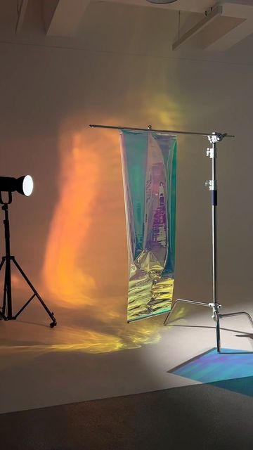 Holographic Photoshoot, Mylar Photoshoot, Projection Photoshoot, Iridescent Lighting, Photoshoot Lights, Studio Lighting Setups, Holographic Film, Photography Studio Setup, Holographic Paper