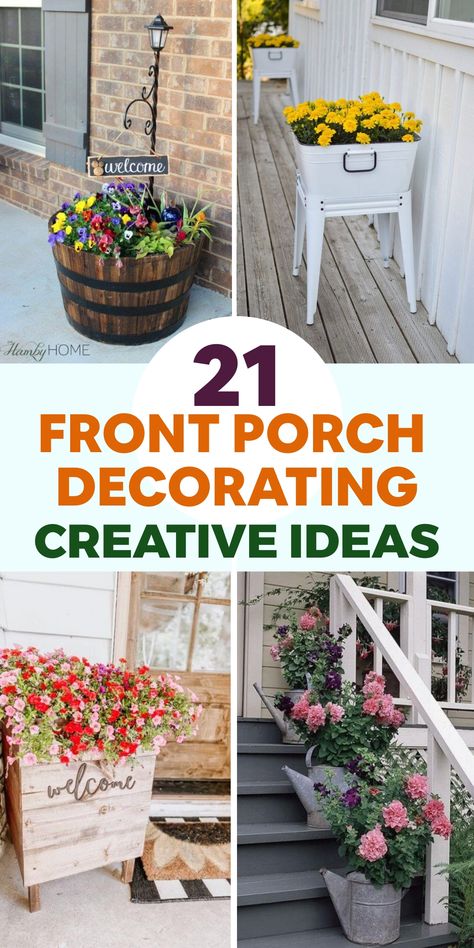 Elevate your home's curb appeal with inspiring front porch decor ideas that will warmly welcome your guests. Transform your entryway into a cozy retreat by incorporating inviting elements like a charming porch swing or a pair of rocking chairs adorned with colorful cushions and seasonal wreaths. Create an outdoor sanctuary perfect for relaxing and entertaining, where you can unwind in style all year round. Upgrade your space with simple yet elegant touches that capture the essence of each season Planter Crafts Diy Projects, Porch Plants Ideas, Narrow Porch Decorating Ideas, Easy Diy Front Porch, Modern Mailbox Diy, Small Front Porch Decorating Ideas, Porch Seating, Diy Stairs Makeover, Best Bathroom Plants