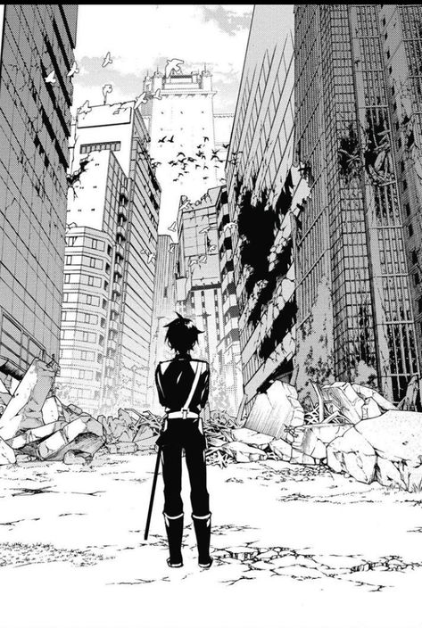 Building Comic Background, Manga Building Background, Perspective Manga Panels, Destroyed City Drawing Reference, Manga City Backgrounds, Seraph Of The End Background, Cyberpunk City Drawing, Destroyed Building Drawing, Manga Background Landscapes