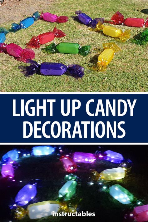 Halloween Candy House Decorations, Candy Lights Christmas, Diy Candy Yard Decorations, Cheap Christmas Decor Outdoor, Christmas Candy Float Ideas, Candyland Christmas Yard Decorations, Diy Outdoor Santa Claus, Diy Yard Gumdrops, Candyland Outside Christmas Decorations