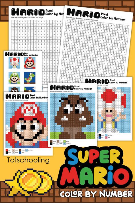 Mario Math Worksheets, Bowser Color By Number, Video Game Printables Free, Mario Math Activities, Mario School Activities, Super Mario Worksheets Free Printables, Super Mario Theme Games, Mario Theme Activities, Video Game Art Projects