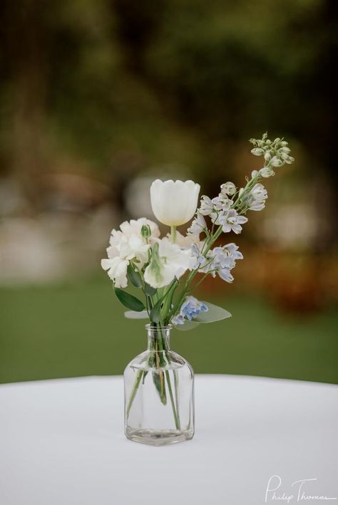 Greenery In Bud Vases, Short Flower Vases Centerpieces, Single Flower Arrangements Bud Vases, Bud Arrangements Wedding, Dusty Blue Bud Vases Wedding, White Flowers In Small Vases, 2023 Floral Arrangements, Mini White Flower Arrangements, Tulips In Bud Vases