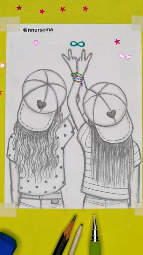 Friends Sketch, Best Friend Drawings, Bff Drawings, Color Drawing Art, Seni Dan Kraf, Cool Pencil Drawings, Drawings Of Friends, Girly Drawings, Easy Doodles Drawings