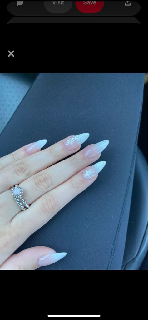 Cute Winter Almond Nails, Christmas Nail Ideas Acrylic Almond, Almond Style Nails Christmas, Christmas Long Almond Nails, Winter Nails Long Almond, Acrylic Nails Almond Winter, January Nail Designs Almond Shape, Nail Ideas Snowflake, Almond Acrylic Christmas Nails