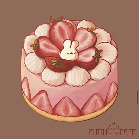 Strawberries And Cream Cake, Gacha Food, Strawberry Drawing, Desserts Drawing, Food Art Painting, Strawberry Art, Cake Drawing, Kawaii Dessert, Foodie Art