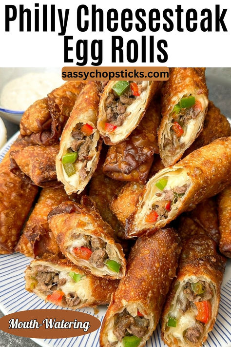 philly cheesesteak egg rolls Philly Steak And Cheese Egg Rolls, Philly Cheese Steak Eggrolls, Steak And Cheese Egg Rolls, Cheese Steak Egg Rolls, Steak Egg Rolls, Philly Cheesesteak Egg Rolls, Eggroll Recipe, Egg Rolls Recipe, Fried Recipes