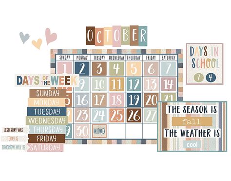 109 total pieces Calendar chart measures 24" x 18" with 12 monthly headers 33 pre-numbered calendar days, 3 heart accents, 18 special day/event cards, 1 blank card Days of the Week, Seasons/Weather, and Days in School charts with chart labels Days Of The Week Chart, Rainbow Bulletin Boards, Calendar Bulletin Boards, Today Is Monday, Teacher Bulletin Boards, Weather Chart, Birthday Bulletin Boards, Birthday Bulletin, Holiday Labels