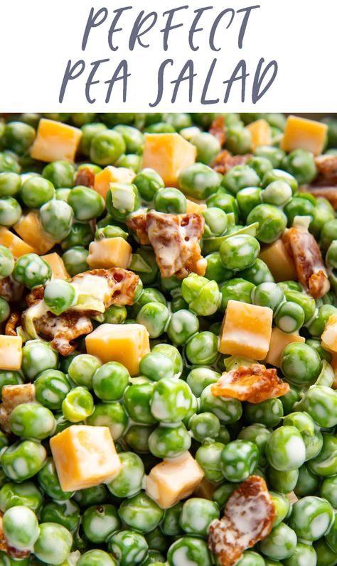 This classic pea salad is simply perfect! With peas, chunks of cheddar cheese, plenty of crisp, salty bacon, and chopped scallions, all tossed in a simple, creamy dressing, this side dish is so quick and easy to throw together. Made with green onions for loads of flavor but no surprise big chunks of onion! Classic Pea Salad, Pea Salad With Bacon, Salad Meals, 40 Aprons, Potluck Salad, Pea Salad Recipes, Easy Skillet Meals, Hearty Comfort Food, Creamy Dressing