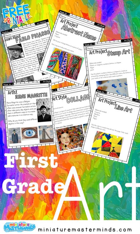 First Grade – Miniature Masterminds First Grade Language Arts, Homeschool Art Curriculum, 2023 Classroom, Grade 1 Art, First Grade Curriculum, Art Elementary, Book Miniature, Steam Art, First Grade Art