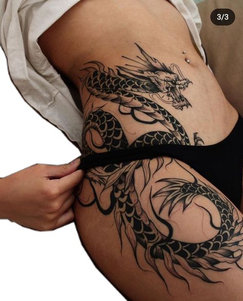 Dragon Tattoo Hip, Dragon Tattoo Back, Upper Back Tattoos, Hip Thigh Tattoos, Z Tattoo, Dragon Tattoo For Women, Hip Tattoos Women, Thigh Tattoos, Leg Tattoos Women