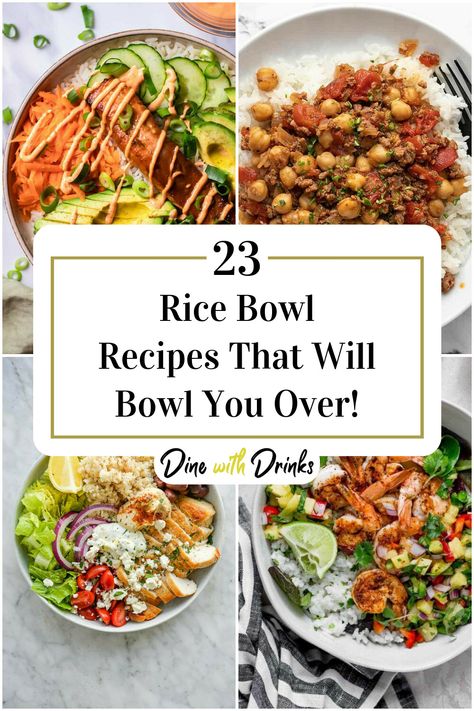 Collage of 4 rice bowl recipes. Rice Power Bowl Recipe, Rice And Meat Bowls, Loaded Rice Bowls, Healthy Dinner Recipes Rice Bowl, Healthy Dinner Rice Recipes, California Rice Bowl, Easy Lunch Bowl Ideas, Summer Dinner Bowl Recipes, Easy Weeknight Bowls