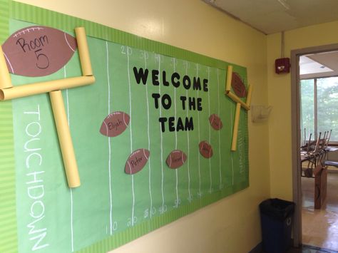 Welcome back bulletin board. Football theme Kicking Off A Great Year Bulletin Board, Classroom Decor Sports Theme, Football Field Bulletin Board, Football Back To School Bulletin Board, Back To School Football Theme, Sports Themed Hallway Decorations, Sport Themed Bulletin Boards, Football Themed Classroom Door, Sports Theme School Year