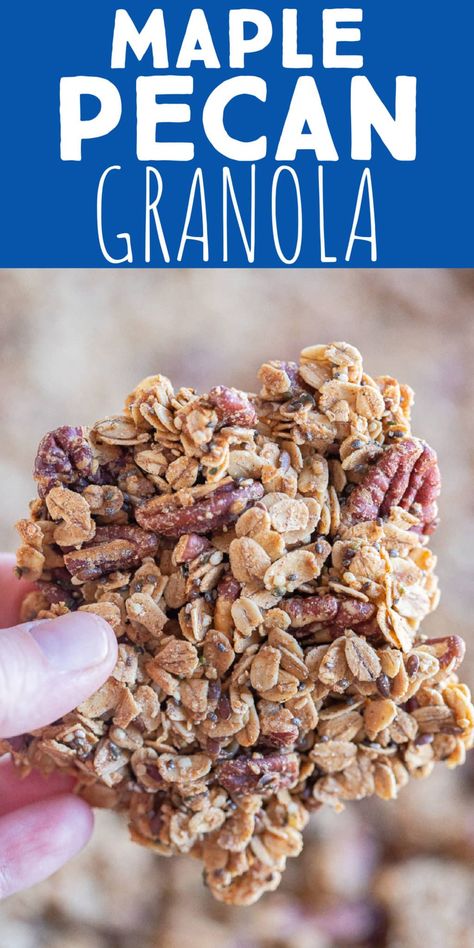 Once you start making homemade granola, you'll never eat store-bought again! This Homemade Maple Pecan Granola Recipe is easy to make and packed with healthy ingredients that will fill you up and make your body feel great. Serve this super chunky granola with milk or yogurt and fruit for a balanced breakfast.  The pecans are perfectly toasted and go so well with the flavor from the maple syrup. #granolarecipe #healthybreakfast #homemadecereal #glutenfree #vegan Chunky Granola Recipe, Maple Pecan Granola Recipe, Granola With Milk, Best Granola Recipe, Pecan Granola Recipe, Chunky Granola, Healthy Homemade Granola Recipe, Maple Pecan Granola, Yogurt And Fruit