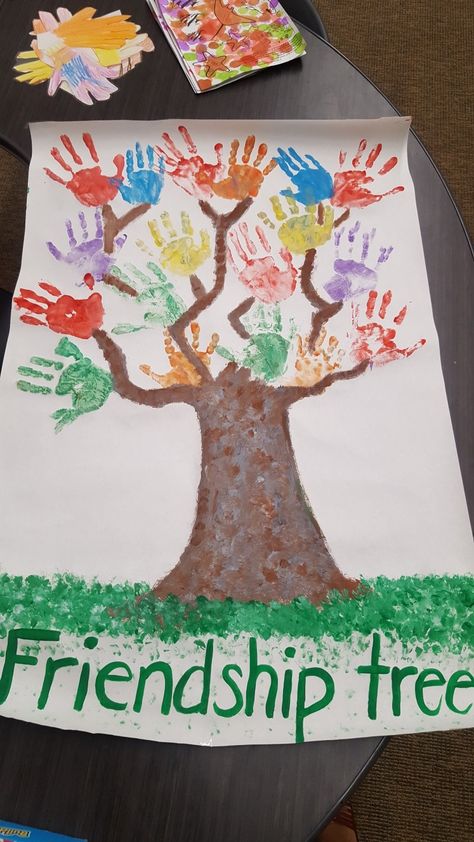 Friendship tree  #handprints #tree #friends Friendship Tree Crafts Preschool, Friendship Handprints Preschool, Friends Week Preschool, Friendship Tree Preschool Hand Prints, Friendship Daycare Crafts, Infant Friendship Crafts, Family And Friends Infant Art, Friendship Tree For Toddlers, Handprint Trees Preschool