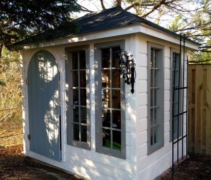 Backyard Focal Point, Shabby Chic She Shed, Hip Roof Design, Backyard Office Shed, Sheds Ideas Backyard, Backyard Upgrades, Storage Shed Kits, Office Shed, Pool Cabanas