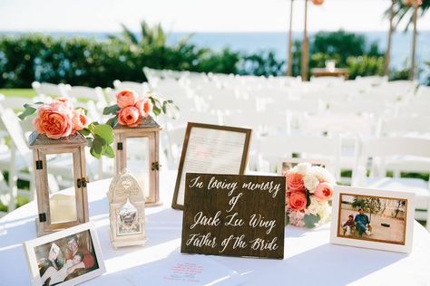 Memory table honoring my late father at our wedding featuring a letter from the groom to his father-in-law, embroidered handkerchief with message from bride to dad, personalized lantern, and photos. Late Grandparents At Wedding, Honoring Late Father At Wedding, Wedding Remembrance, Sentimental Wedding, In Remembrance Of Me, Memory Table, In Remembrance, Embroidered Handkerchief, Father In Law