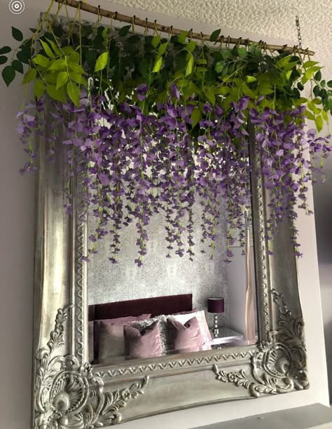 Wisteria Mirror, Wisteria Window Display, Wisteria Wall Decor, Earthy Fairy Bedroom Aesthetic, Fairy Ceiling, Enchanted Forest House Decor, Whimsical Forest Bedroom, Bedroom Flower Decoration, Wisteria Home Decor