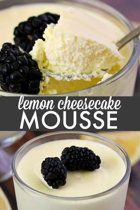 Lemon Cheesecake Mousse - The perfect fluffy lemon dessert! This mousse is lighter than cheesecake, but still tastes like a fresh slice from your favorite NYC eatery. Lemon Cheesecake Mousse, Pudding Recept, Cheesecake Mousse Recipe, Mousse Cheesecake, Lemon Mousse, Tiramisu Dessert, Cheesecake Mousse, Mousse Dessert, Lemon Dessert Recipes