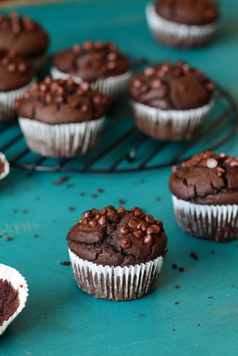 Flouerless double chocolate muffins, made from cooked chickpeas. Double Chocolate Protein Muffins, Healthy Double Chocolate Muffins, Moist Double Chocolate Muffins, Vegan Chocolate Protein Muffins, Vegan Double Chocolate Muffins, Double Chocolate Muffins, Muffin Bread, Gluten Free Muffins, Chocolate Muffins