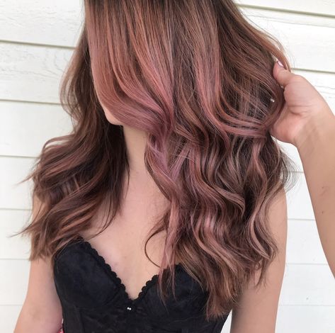 Ash pink hair Ash Brown With Pink Highlights, Light Pink Hair On Brunette, Pink Hue Hair, Brown Hair Dyed Pink No Bleach, Pink Toner For Brown Hair, Ash Pink Highlights, Ash Pink Brown Hair, Dusty Pink Hair Balayage, Brownish Pink Hair