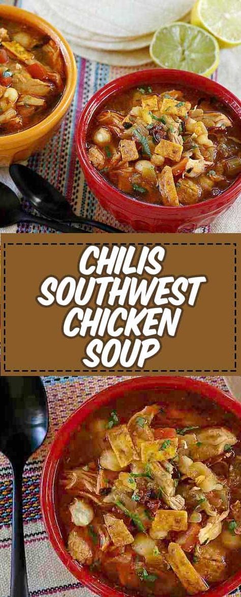 You can recreate Chilis Southwest Chicken Soup at home with this easy recipe. Packed full of chicken, hominy, beans and more. This soup is filling and so delicious. #copykatrecipes #chickensoup #chilis Chilis Southwest Chicken Soup, Soup With Hominy, Southwest Soup, Southwestern Soup, Chilis Copycat Recipes, Southwestern Chicken Soup, Southwest Chicken Soup, Spicy Chicken Soup, Pollo Teriyaki