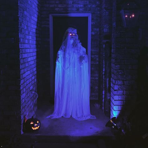 Halloween 2019. Bought a lifesize ghost lady prop and shined a blue LED light on her. You could see her all the way down the street. Ghost Lady, Girls Are Awesome, Ghost Girl, Yard Party, Memories With Friends, Creepy Halloween Decorations, Photo Backdrops, Blue Led Lights, Professional Decor