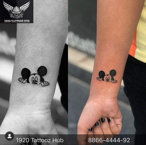 Mickey Mouse Small Tattoo, Mickey Mouse Matching Tattoos, Cute Mickey Mouse Tattoo, Disney Neck Tattoos, Tattoo Ideas Mickey Mouse, Tiny Mickey Mouse Tattoo, Mikey Mouse Tattoo, Minnie Mouse Tattoo For Daughter, Miky Mouse Tattoo