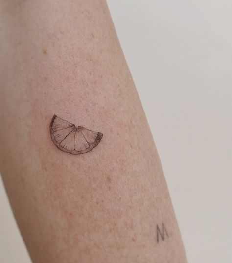 Lime And Salt Tattoo, Lime Tattoo Ideas, Fine Line Orange Slice Tattoo, Lemon Fine Line Tattoo, Lime Wedge Tattoo, Small Orange Tattoo, Lime Slice Tattoo, Lemon Wedge Tattoo, Lemonade Tattoo