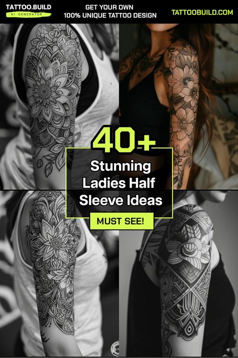 Chic Womens Half Sleeve Tattoo Ideas Tattoo Build Girly Half Sleeve Tattoos, Womens Half Sleeve Tattoo Ideas, Bicep Tattoo Women Sleeve, Half Sleeve Tattoos For Women Lower Arm, Womens Half Sleeve Tattoo, Sleeve Tattoo Ideas For Women, Half Sleeve Tattoo Upper Arm, Half Sleeve Tattoo Ideas, Womens Half Sleeve