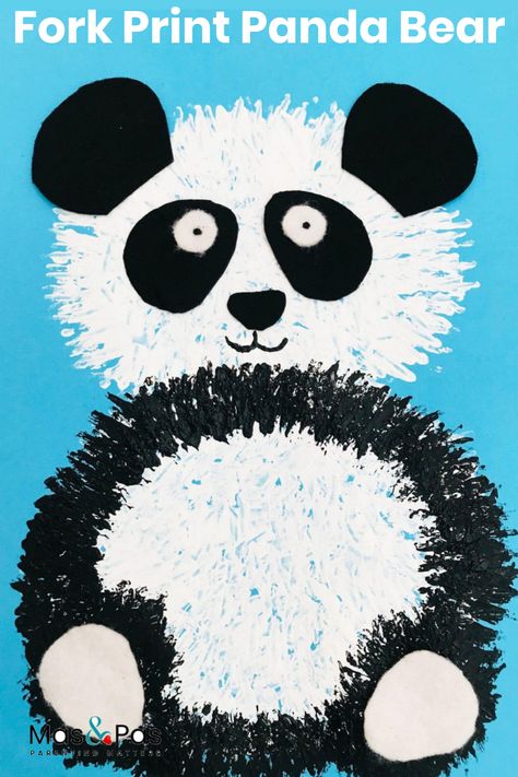 Painting With A Fork, Fork Painting Ideas, Panda Crafts Preschool, Fork Art Painting, Bear Fork Painting, Fork Printing, Panda Crafts For Kids, Fork Painting For Kids, Panda Bear Crafts