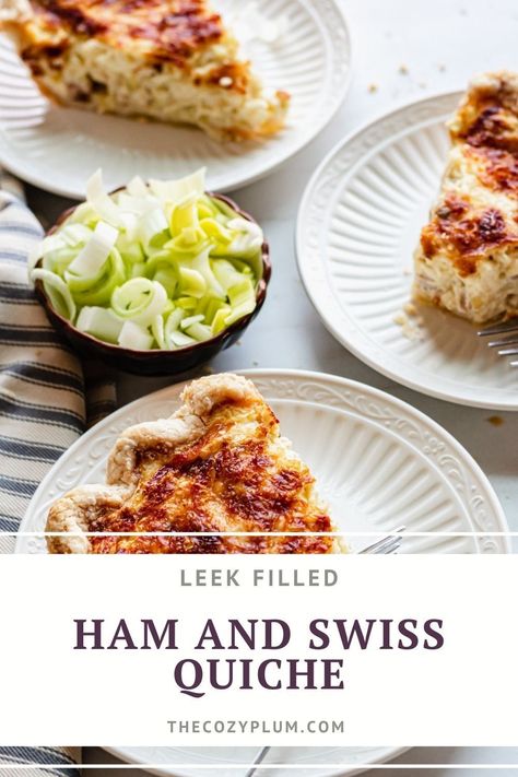 This easy Ham and Swiss Quiche can be made with a homemade or pre-made crust and is the perfect way to feed a crowd quickly. It has a flaky pastry, creamy filling, and is packed with flavor from the addition of leeks! Ham And Swiss Quiche, Swiss Quiche, Easy Easter Recipes, Ham And Swiss, Homemade Crust, Easy Ham, Ham Steaks, Christmas Baking Recipes, Finger Foods Easy