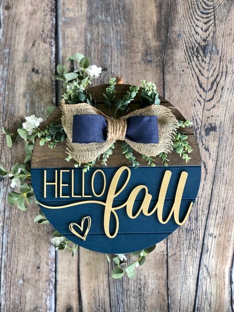 Personalized Fall Door Hanger, Blue Fall Door Hanger, Fall Door Hangers Wooden Round, Diy Fall Door Hangers, Fall Door Hangers Wooden, Fall Door Signs, Greenery With White Flowers, Porch Decor Fall, Fall Welcome Sign