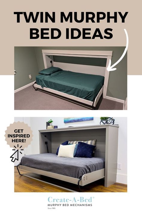 Photos above and below are twin Murphy beds pulled out from the wall or a faux dresser. Twin Murphy Beds For Small Spaces, Twin Size Murphy Bed Diy, Twin Bed Convert To King, Murphy Twin Bed Ideas, Murphy Bed Ideas Twin, Murphy Bed Sideways, Twin Hide A Bed, Murphy Twin Bed, Murphy Bed Twin