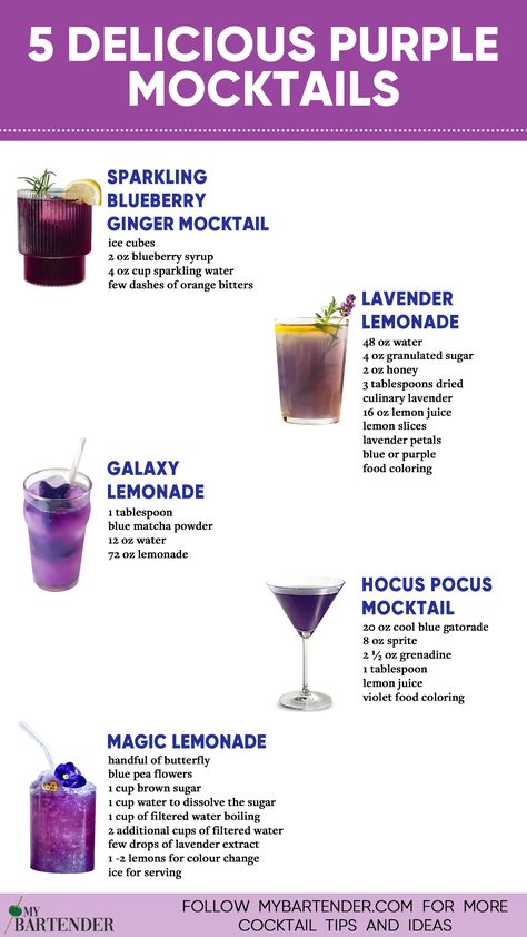 Purple Mocktails Mocktail Drinks, Fun Drink Recipe, Purple Drinks, Alcohol Free Drinks, Drink Recipes Nonalcoholic, Refreshing Drinks Recipes, Mixed Drinks Recipes, Cocktail Drinks Recipes, Mocktail Recipe