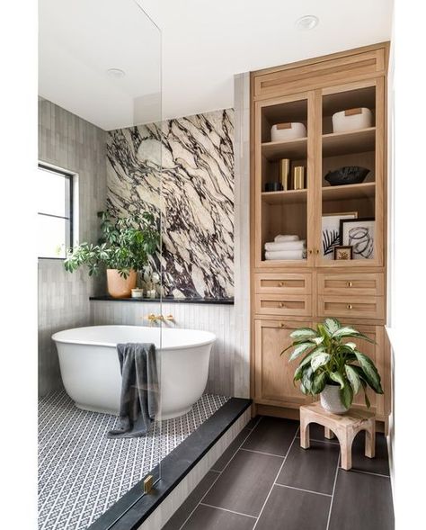 Copper Sky Design + Remodel on Instagram: "One of our favorite bathroom projects of the year! This one features a custom built-in linen cabinet, a shower room with a freestanding tub, and a gorgeous Calacatta Viola marble slab wall to tie it all together. Swipe for more photos! 📷 @anastasiaalkemaphotography Styling by @eebenzie #atlantarenovations #atl #renovationproject #houserenovation #homeremodel #homerenovation #remodel #renovationlife #decor #interiordesign #homedesign #homedecor #home Marble Slabs For Shower Walls, Free Standing Linen Cabinet In Bathroom, Bathroom Linen Cabinet Built In, Viola Marble Bathroom, Built In Linen Cabinet, Bathroom Finishes, Tiny Dining Rooms, Farmhouse Addition, Bathroom Upstairs