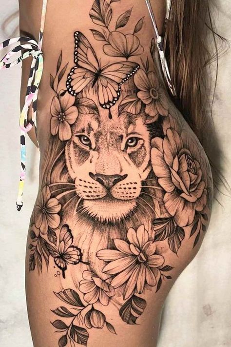 Bum Tattoo Women, Lion Tattoo On Thigh, Thigh Piece Tattoos, Cute Thigh Tattoos, Hip Thigh Tattoos, Hip Tattoos, Leo Tattoos, Hip Tattoos Women, Tattoos For Black Skin