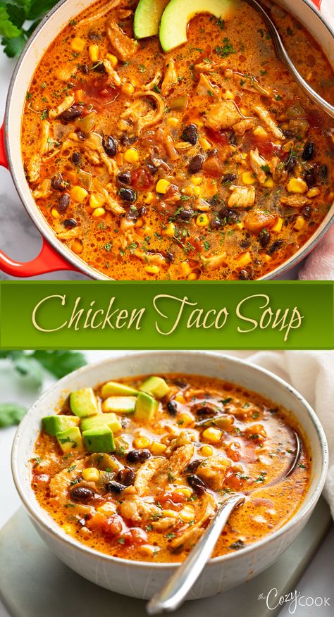 chicken taco soup with beans, shredded chicken, corn, tomatoes, and avocado. Chicken Taco Soup With Beer, Easy Comfort Soup, Mexican Chicken Chowder Soup, Mexican Chicken Taco Soup, Soup Hearty Comfort Foods, Chicken Nacho Soup, Easy Soup With Chicken Broth, South Western Soup, Spicy Mexican Soup Recipes