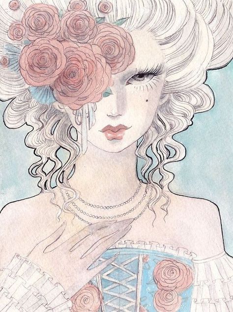 Marie Antoinette Sketch, Marie Antoinette Fanart, Unique Watercolor Paintings Ideas, Marie Antoinette Aesthetic Modern, Marie Antoinette Tattoo, Marie Antoinette Drawing, Marie Antoinette Painting, Marie Antoinette Art, Ink And Watercolor