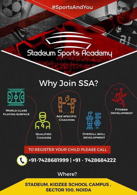 Flyer for stadeum sports academy #design #poster #flyer #graphic Soccer Academy Poster, Sport Academy Design, Sports Academy Poster, Football Academy Poster, Sports Brochure, Graphic Brochure, Academy Design, Football Academy, Sports Academy