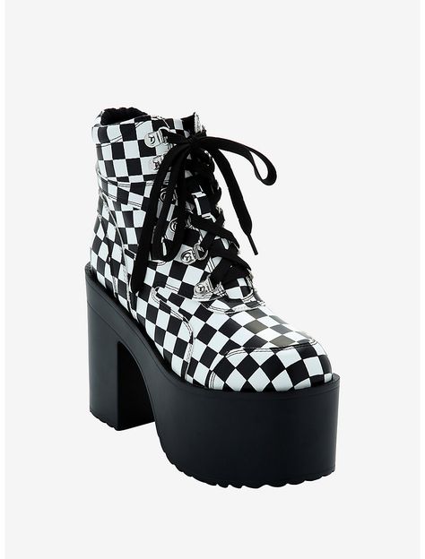 Black & White Checkered Platform Booties Sapnap Cosplay, Goth Platform Shoes, White Platform Boots, Egirl Fashion, Witch Moon, Goth Shoes, Black White Checkered, Gothic Shoes, Kawaii Shoes