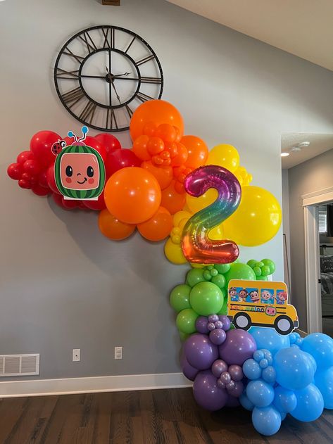 Coco Melon Balloon Garland, Cocomelon Backdrop Ideas, Color Palette Nursery, Cocomelon Theme Party, Cocomelon Birthday Party, Cocomelon Theme, Rainbow Balloon Arch, Donut Themed Birthday Party, Cocomelon Birthday