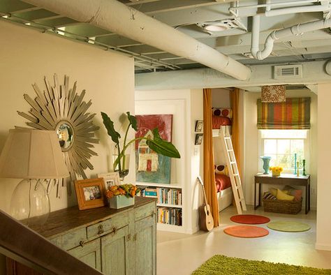 Here are ten basement bedroom ideas that'll have you begging to sleep in them. If you're decorating a basement room, start here. #[ Unfinished Basement Playroom, Unfinished Basement Laundry, Basement Transformation, Unfinished Basement Bedroom, Unfinished Basement Ceiling, Basement Lighting, Basement Office, Basement Laundry Room, Basement Playroom